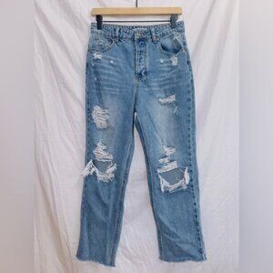 Signature 8 Medium Wash Denim High Waisted Button Fly Distressed Mom Jeans